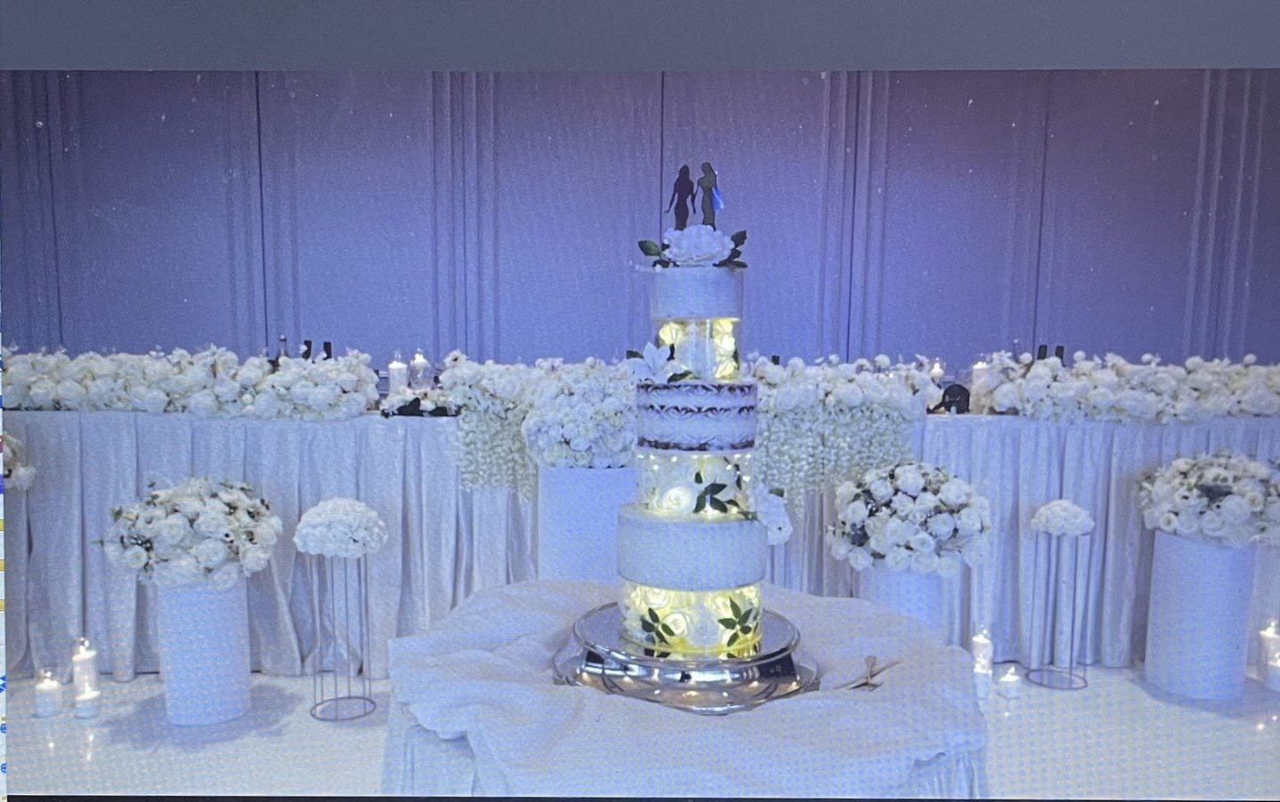 Wedding reception cake table with white florals
